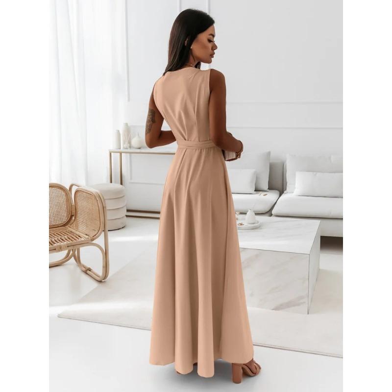 Vestidos casuales de cintura alta con cuello en V sin mangas con estampado de color sólido a la moda para mujer