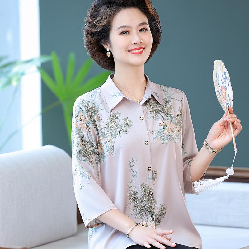 

Women s Mid-Sleeve Silk Shirt - Summer Loose Fit for Middle-Aged & Elderly L (80-100 jin recommended) розовый
