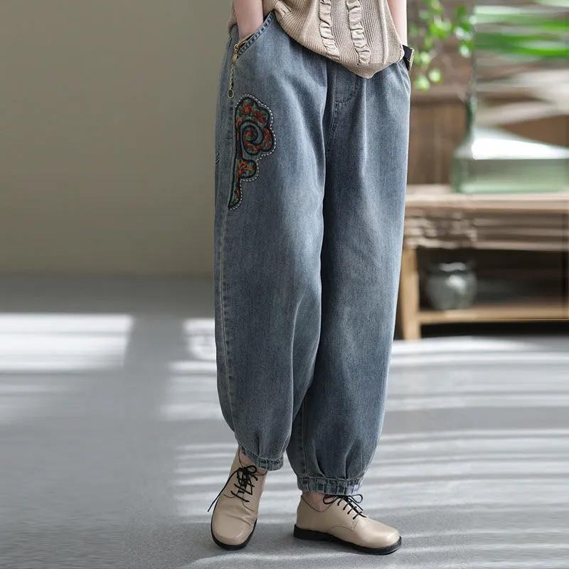 Jeans Women Cotton Embroidery Nine High Waist Wide Leg Pants Casual Vintage Loose Trousers