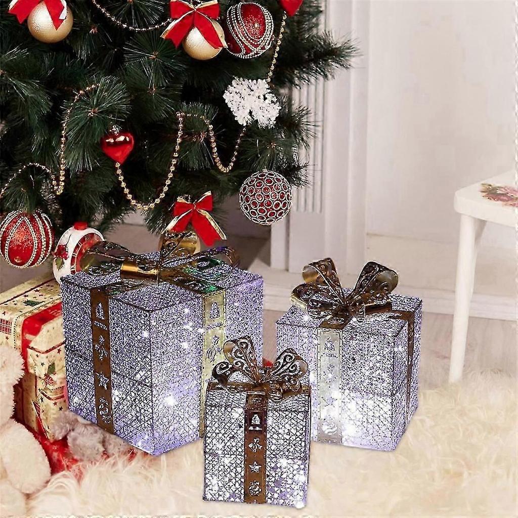 Christmas Decoration Gift Box Three-Piece Set Pile Ornaments Iron Gift Box Luminous Christma Suppli