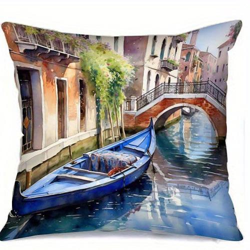 Short Plush Material Pillowcasehome Decor Venice Canal Watercolor Boat Pillow Covers Pattern Cushion Cover Suitable For Sofa Bed