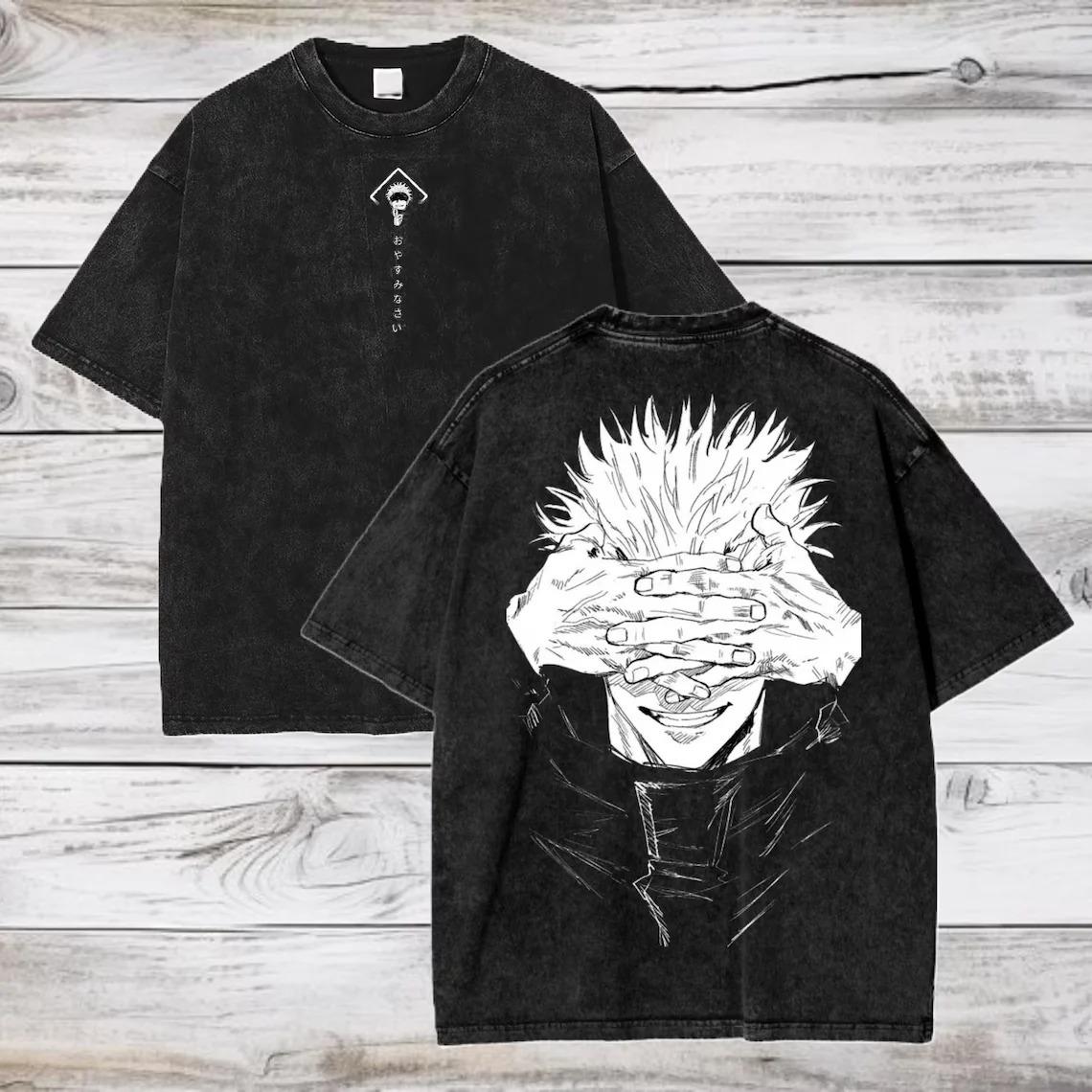 

Vintage Washed Jujutsu Kaisen Itadori Yuji Graphic T-Shirt for Men Retro Anime Streetwear Oversized Cotton Short Sleeve Harajuku M