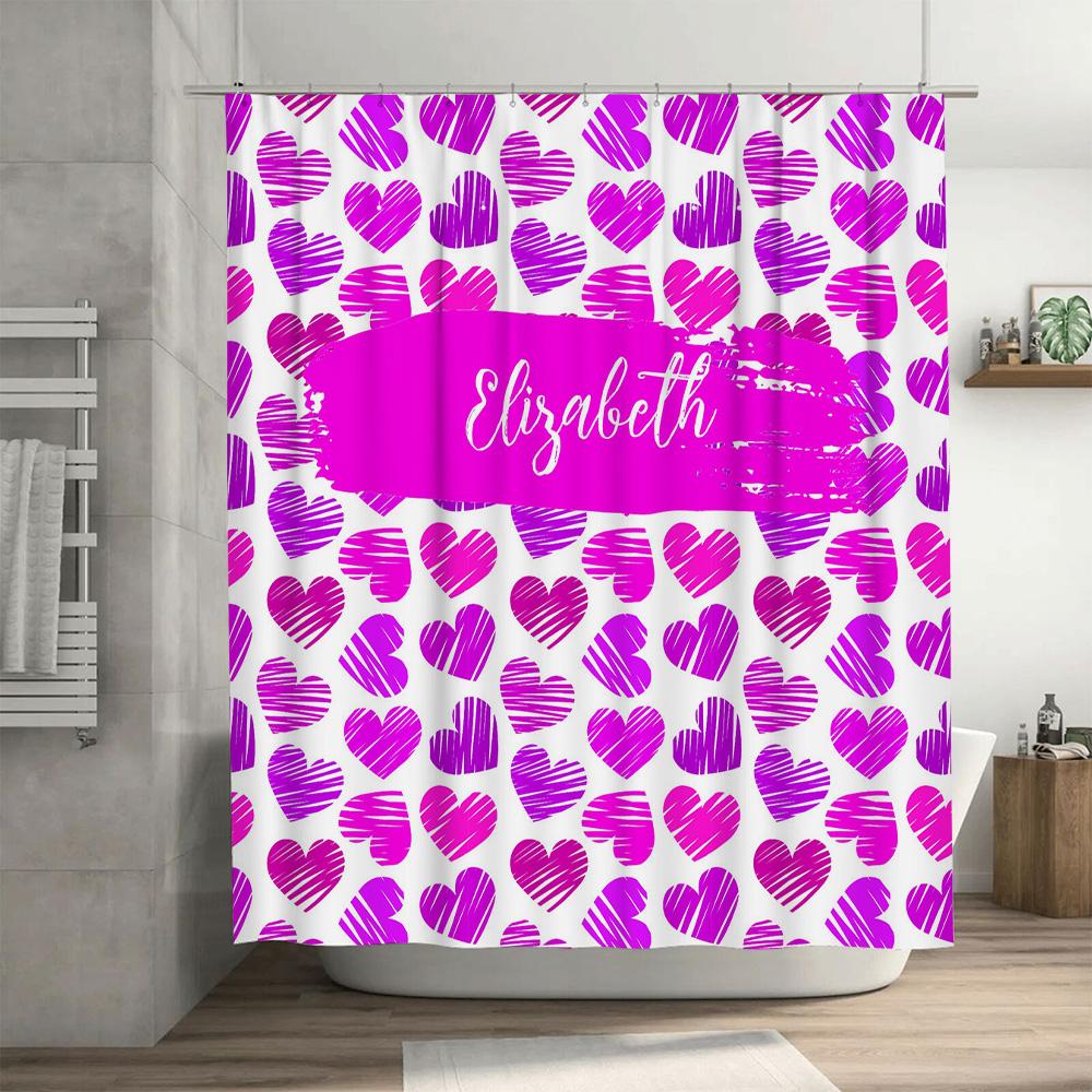 Pink Hearts Bathroom Shower Curtain Personalized with Name for Girls Gift Decor Home Decoration Waterproof Fabric Size Customize