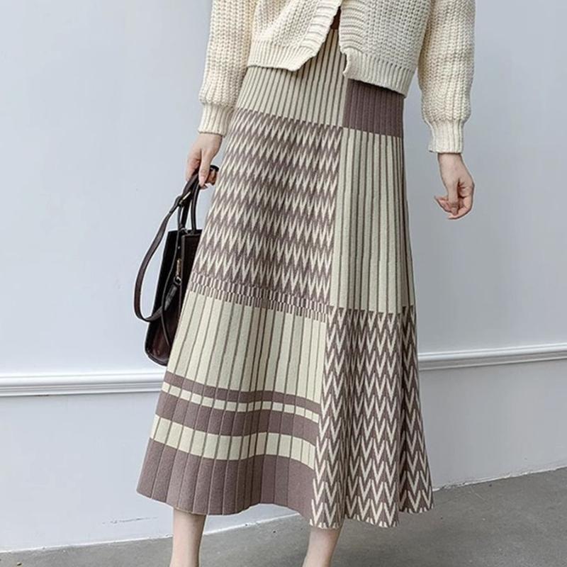 Versatile Flared Pleated Women's Autumn Winter High Waist Thickened Knitted Wool A-Line Hip-Hiding Long Midi Skirt