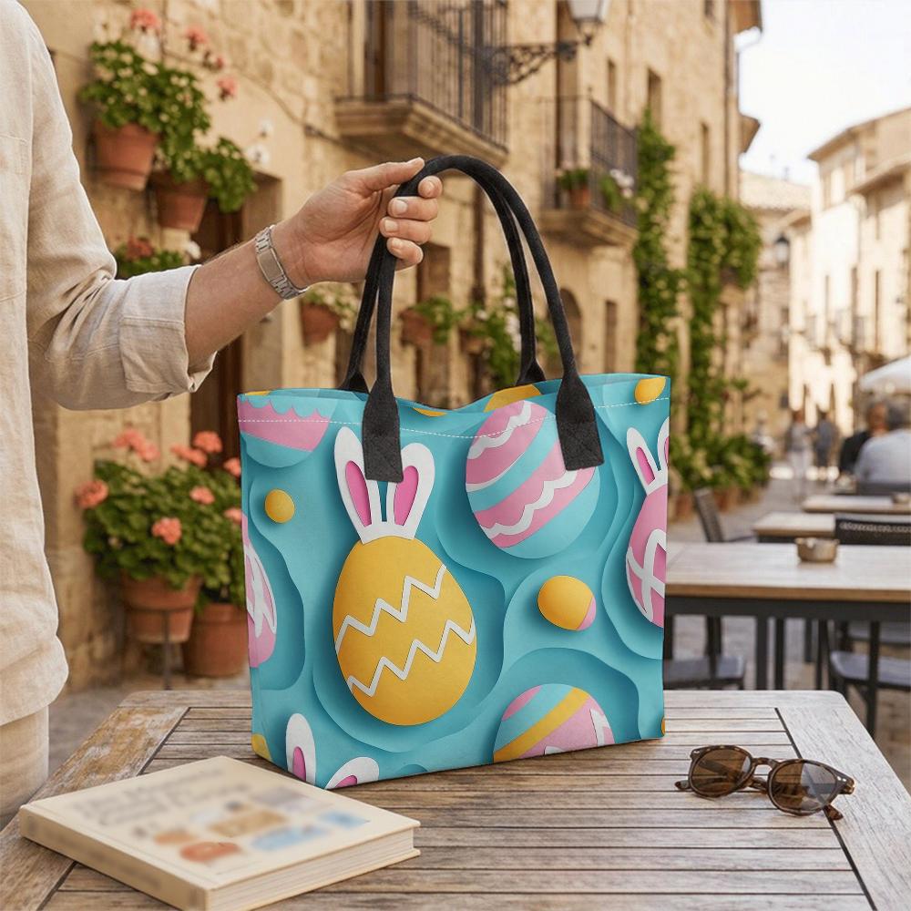 Easter Bunny Egg Printed Tote Bag Casual Large Capacity Portable Handbag for Daily Use