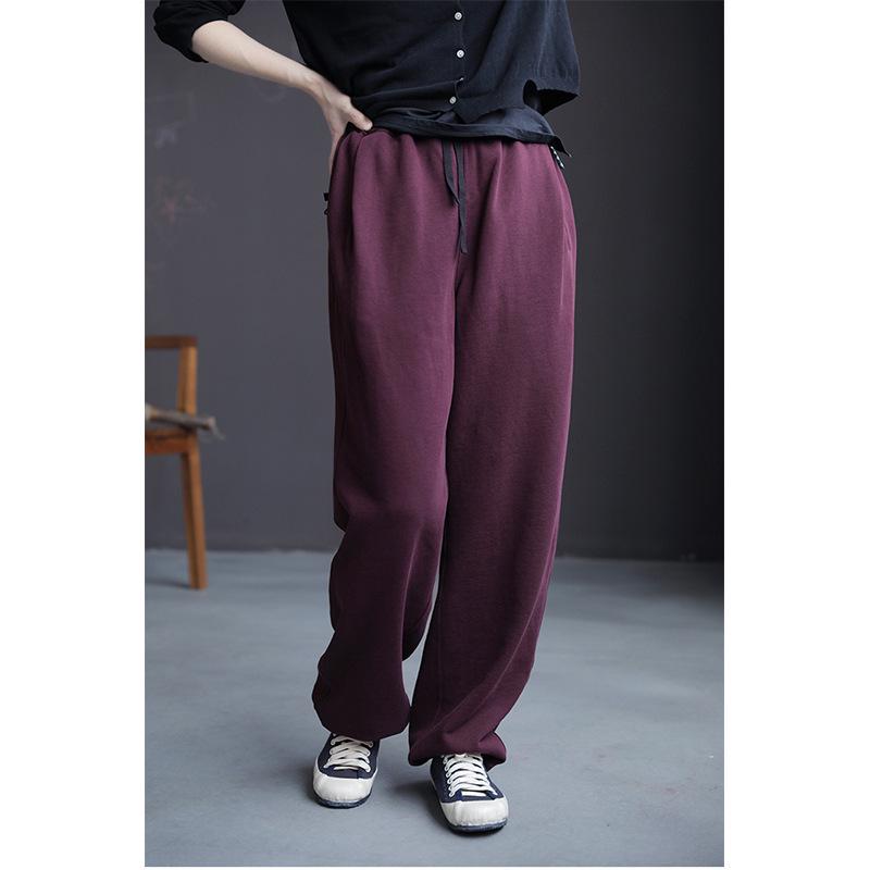 

Autumn 2021 Retro Purple Terry Cloth Knit Casual Sweatpants with Elastic Waist and Drawstring Large