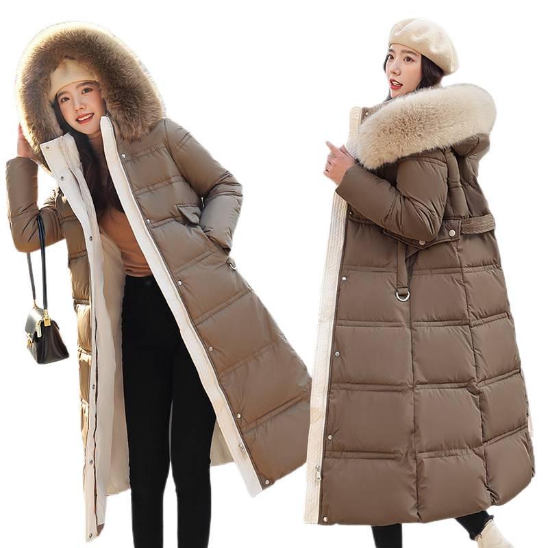 Women's Long Hooded Cotton Coat with Fur Collar and Slimming Waistband, Winter 2026 Collection.
