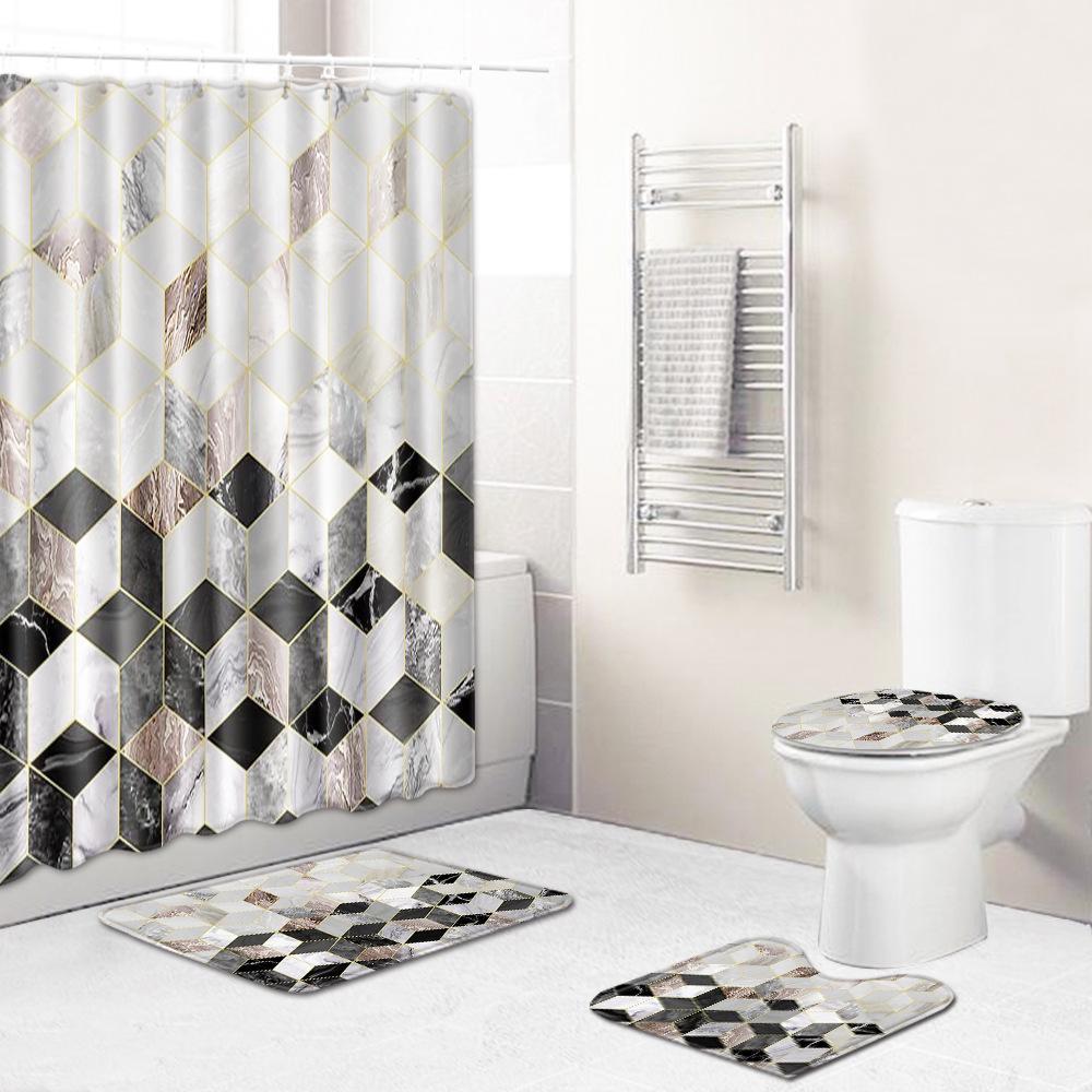 Marble Texture Printing Bathroom Non-Slip Floor Mat Shower Curtain Combination Carpet European And American Style