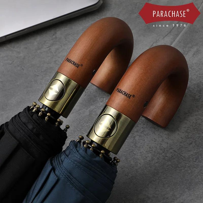 Parachase Wooden Curved Handle Fully Automatic Umbrella with Ten Ribs, 300t Memory Fabric, Double-Person Umbrella, Self-Opening and Wind-Resistant