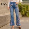 Women Mid Waist Jeans Floral Embroidery Flared Leg Button Zipper Closure with Pockets Plus Size Trousers Long for Dating Daily Wear Commuting