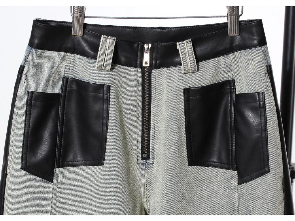 Women's Retro Washed Straight-Leg Jeans with Leather Splice, Contrasting Colors - 2025 Spring Street Style.