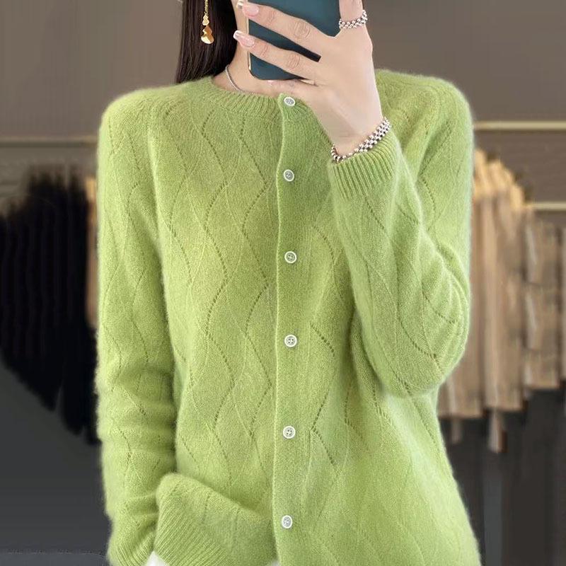 2025 Women's Australian Wool Hollow Twist Knit Cardigan - Round Neck, Buttoned, Loose Fit, Slimming Sweater for Autumn/Winter