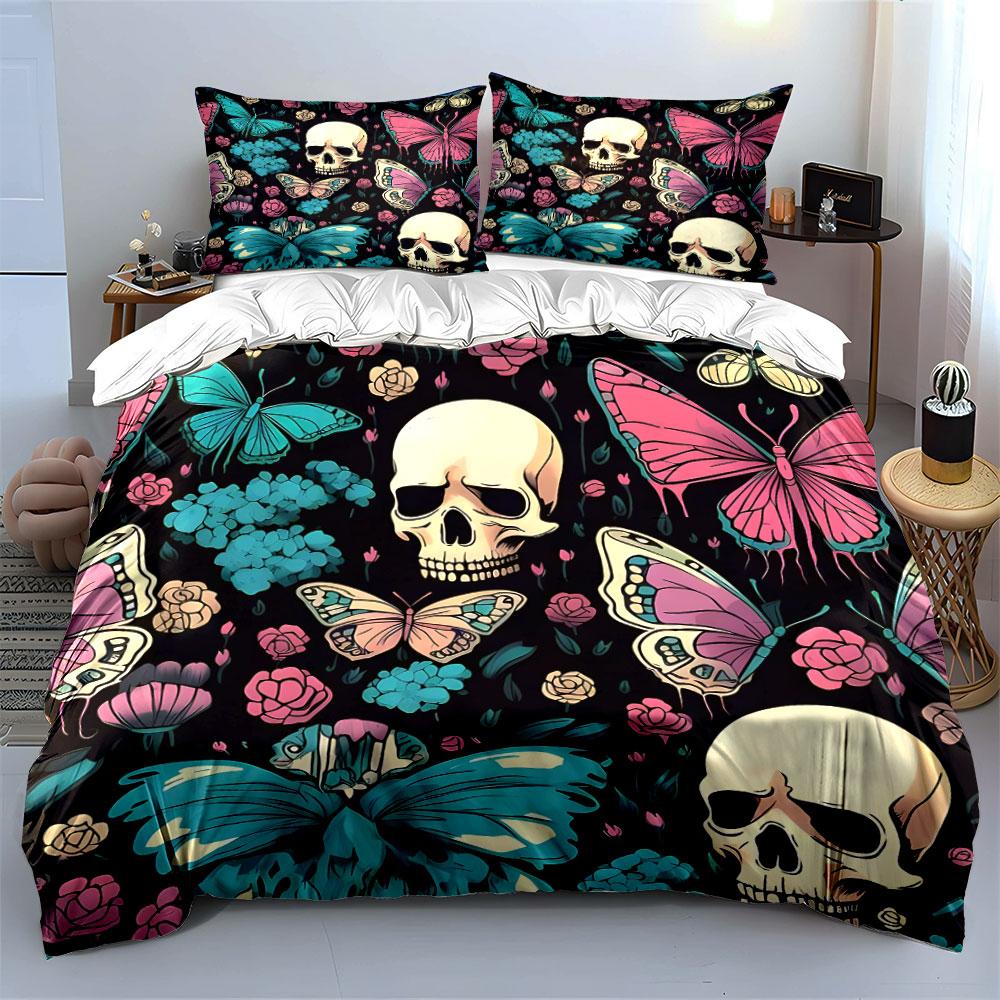 "Skull Butterfly Floral Decor Set" Bedding Set with 1 Duvet Cover 2 Pillowcases Single Double King Queen, Gift