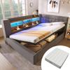 Lit Double Rembourré 140x200 cm, Éclairage LED, Rangement Hydraulique, Rangement Tête de Lit en L, Des Deux Côtés, Sommier à Lattes, Lin, Gris (Avec Matelas)