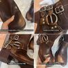Miu * home knight boots belt buckle thick heel martin boots women's leather retro knee boots western cowboy boots