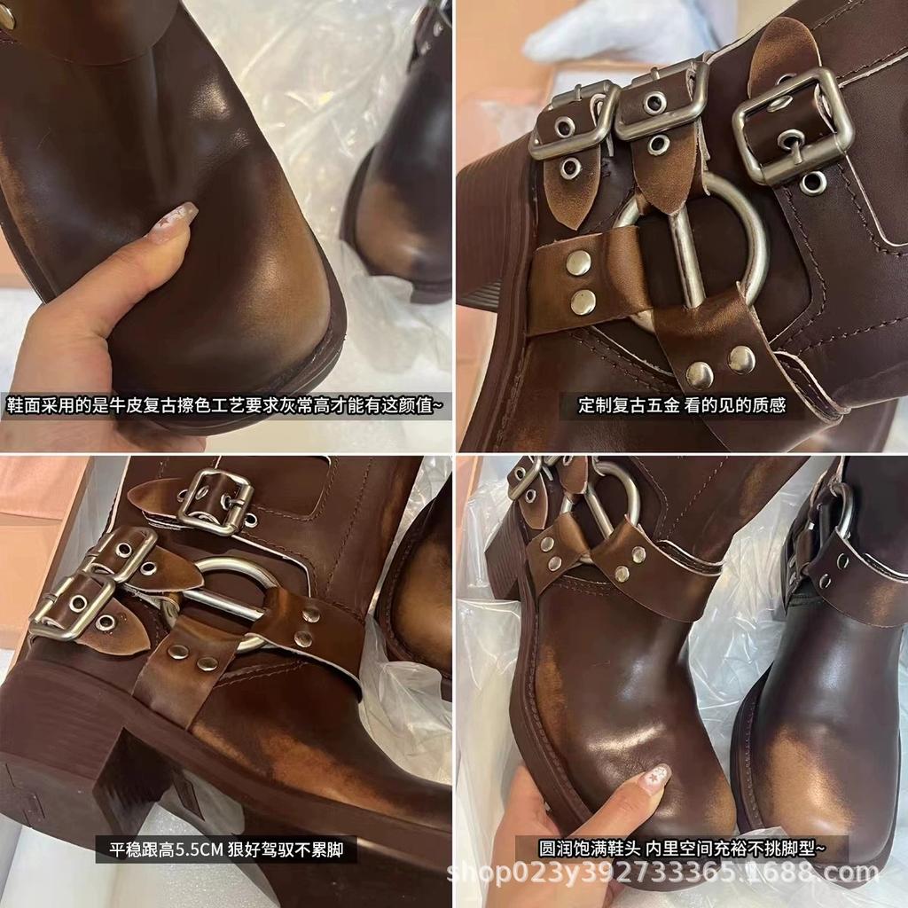 Miu * home knight boots belt buckle thick heel martin boots women's leather retro knee boots western cowboy boots