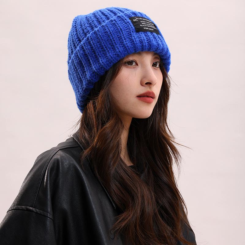 Black hat women's spring and autumn wool hat cold hat big head circumference headgear knitted hat winter warm pile hat men
