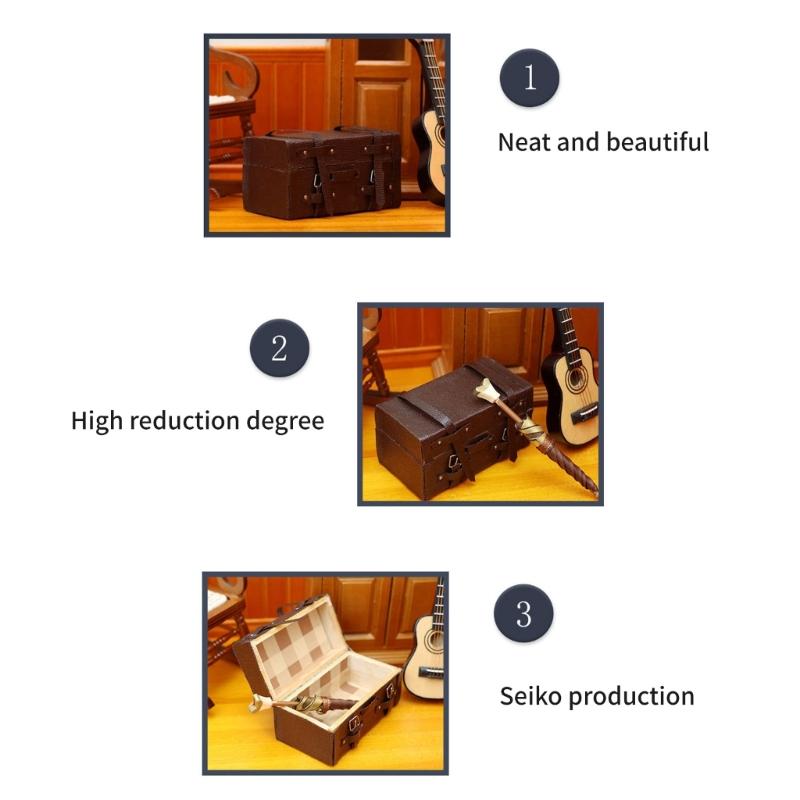 Portable Old Fashioned Wood Leather Luggage Models Small Dollhouses Furniture Accessories Coffee Colored Designs