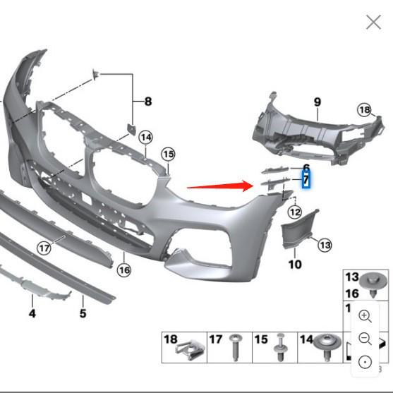 BMW X3 G08 Front Bumper Lower Bracket, Part Nos. 51117399983, 51117399984