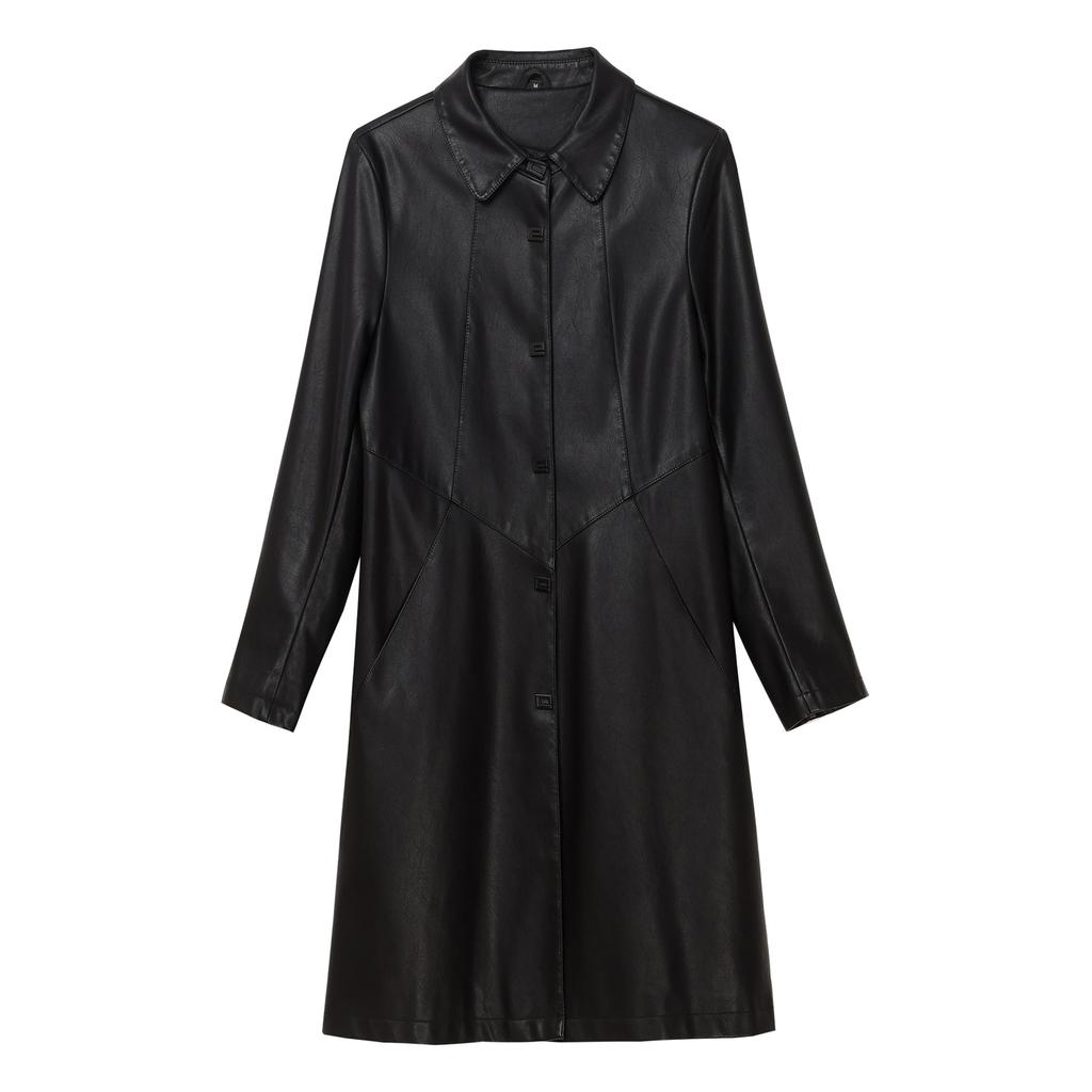 Herbst und Winter Neue große Lederkleidung Damen Koreanische Ausgabe Polokragen Mittellange Lederjacke Damen Slim Fit Lederaußenhülle Trend