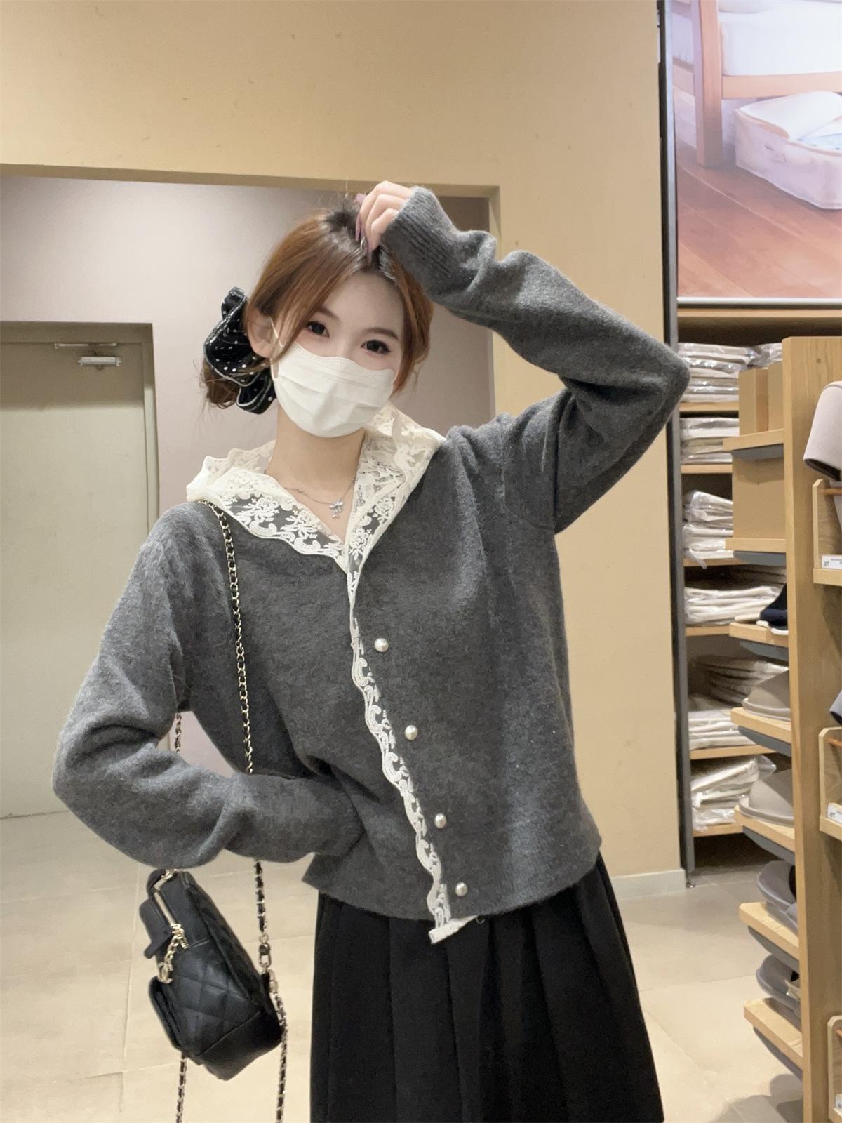 

Johnature Korean Style Lace-trimmed Hooded Pearl Button Women Cardigan Sweater Winter Casual Knitted Sweaters One Size серый