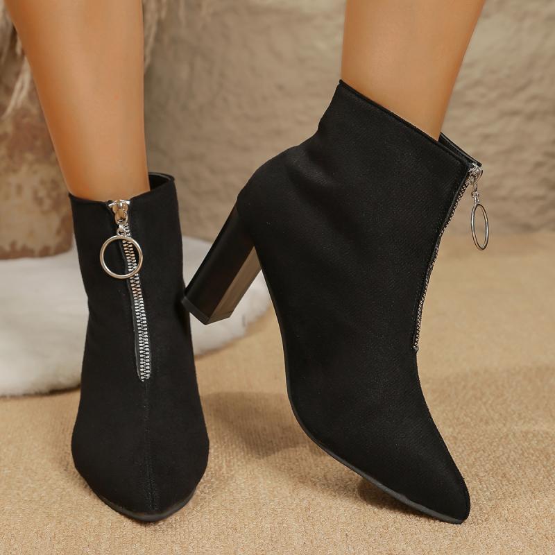 Fashion Brand Designe Metal Decoration Chelsea Boots Women 2025 Pointed Toe Square High Heel Riding Boots Fashion Black Suede Shoes