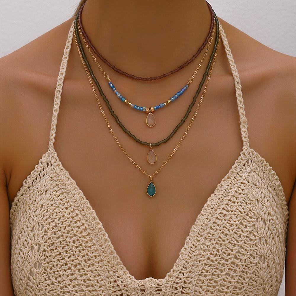 Bohemian Handmade Multilayer Colorful Beads Chain Necklaces Crystal Pendant Jewelry For Women Accessories N0371