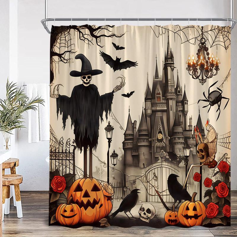 Horror Halloween Shower Curtains Pumpkin Skeleton Black Raven Cat Castle Skull Bath Curtain Set Home Bathroom Decor with Hooks