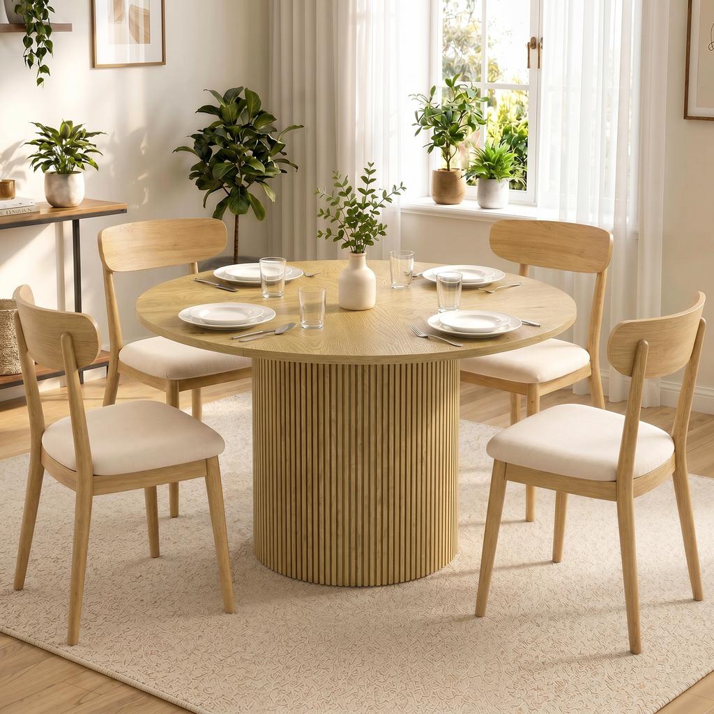 Modern Round Dining Table For 4 6 People 110 Cm Kitchen Table With Fluted Cylindrical Base Oak