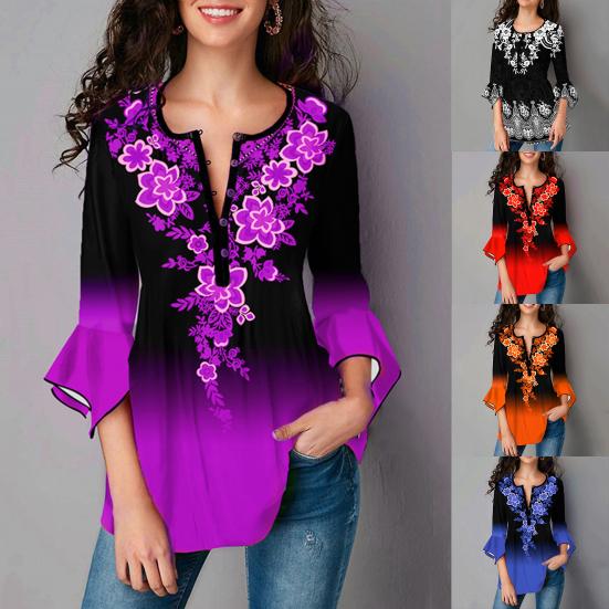 Vintage košile s přechodem barevný potisk s nepravidelným rukávem pro ženy Slim All