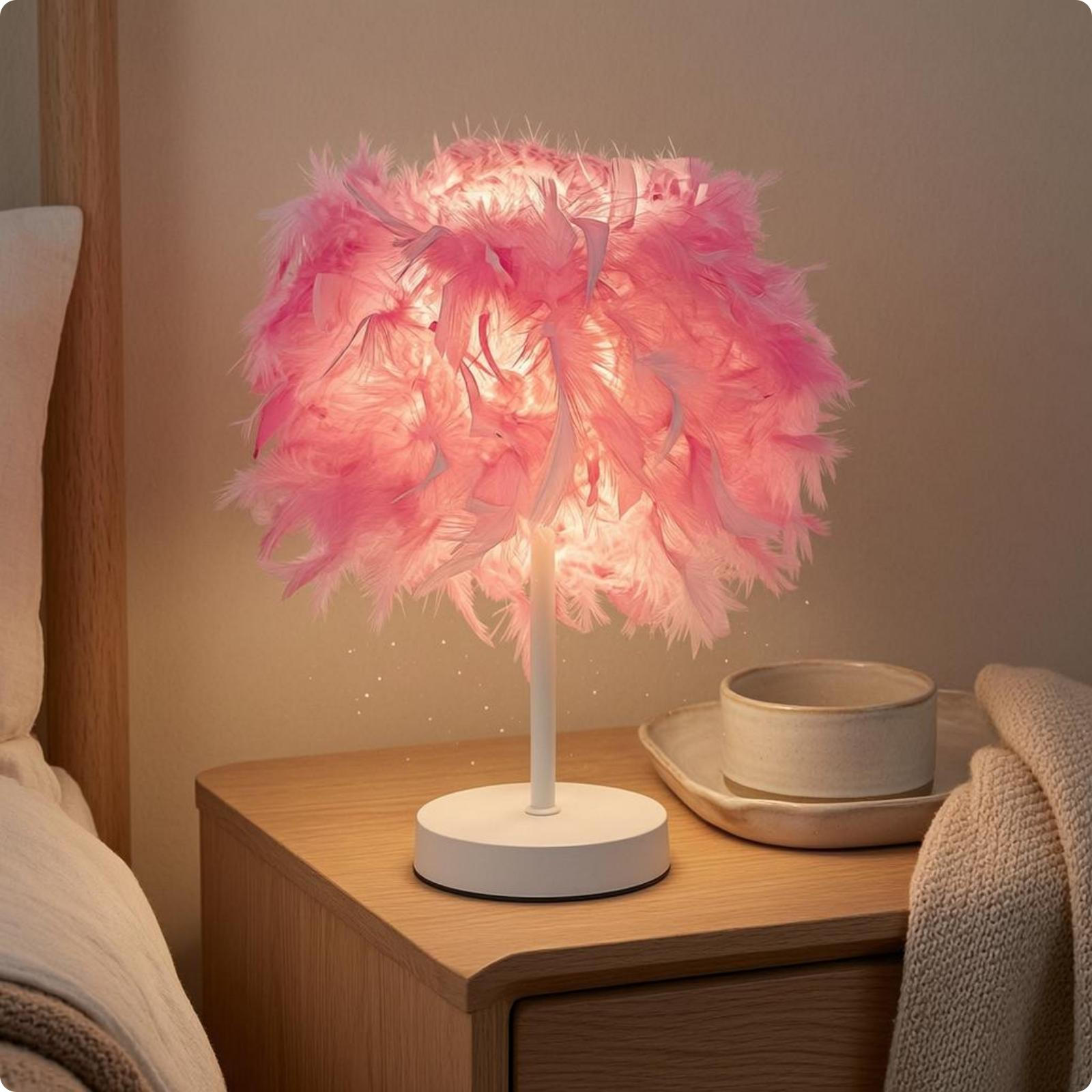 Feather Table Lamp Decorative Bedside Corded House Lighting for Tabletop Pink White Usb