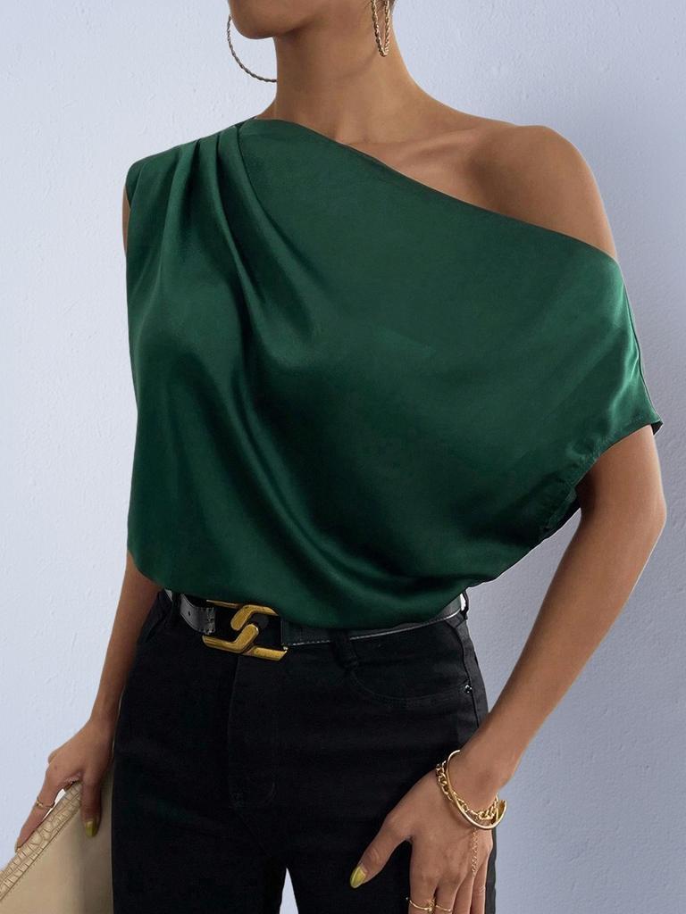 Women's Satin T-shirt Summer TK European and American Women's Clothing New Slanted Shoulder Solid Color Versatile Off-shoulder Top Women