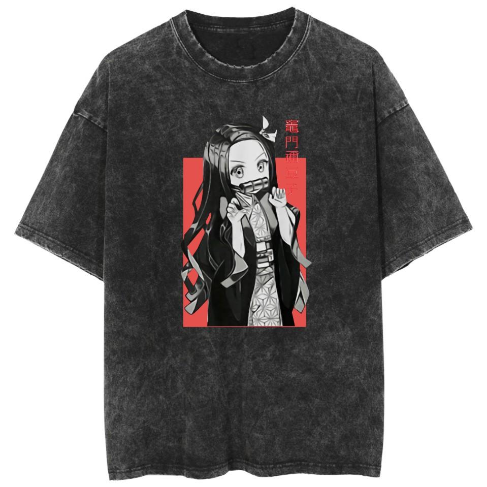 Anime Demon Slayer Kamado Nezuko Kawaii Printed T-shirt Men Women Casual Tshirts Washed Cotton Tee Harajuku Male Manga T Shirt