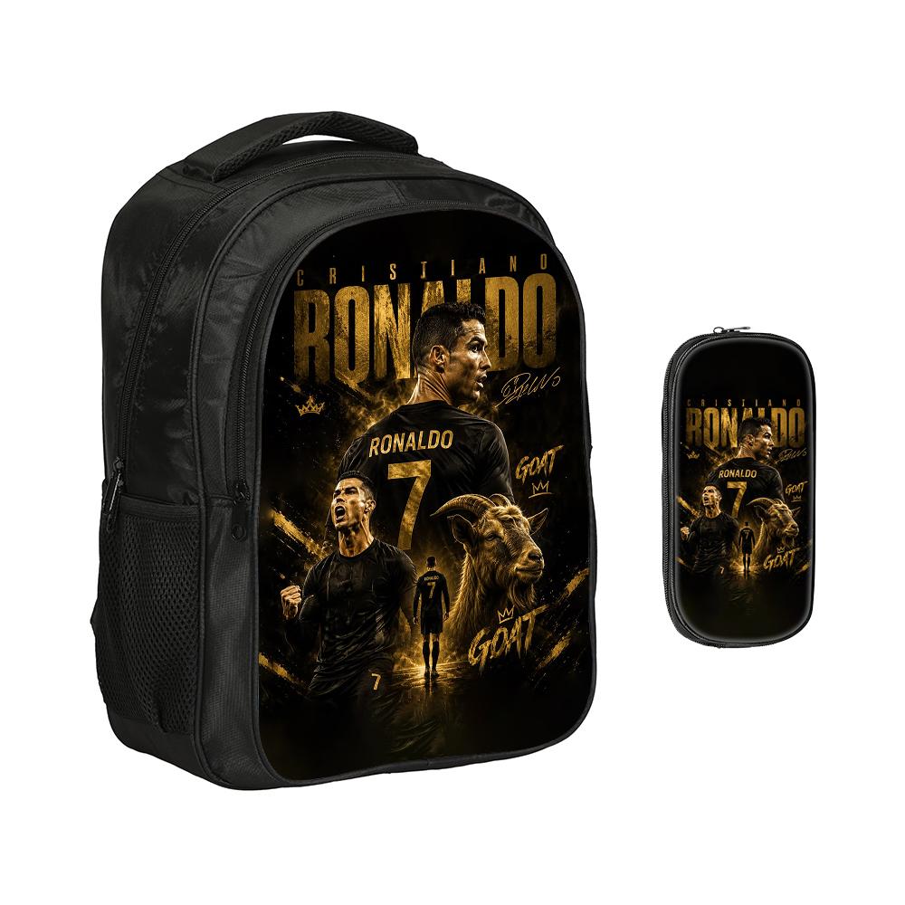 2-delige Set Boekentas Etui Schooltassen Ronaldo Kinderen School Dubbellaags Rugzak Voetbalster Voetbal Sport Mochila