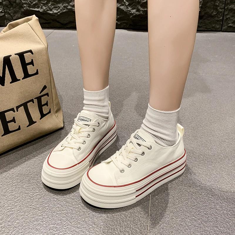Classic White Canvas Shoes Women's Solid Lace-up Casual Thick-sole Shoes Platform Sneakers Fashionable Round-toe Walking Shoes