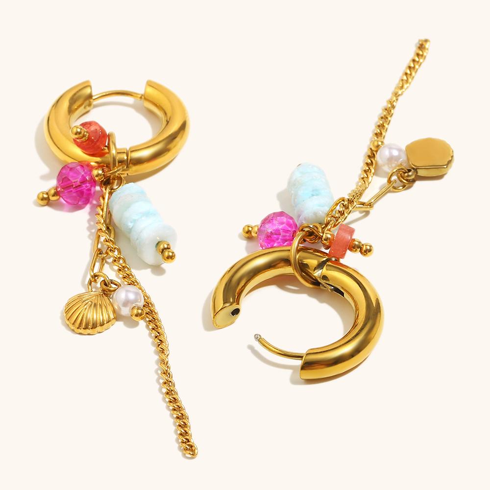 La. Muses Natural Stone Zircon Shell Tassel Pendant Stainless Steel Women's Hoop Earrings PVD Gold-plated Fashion Zircon Gift