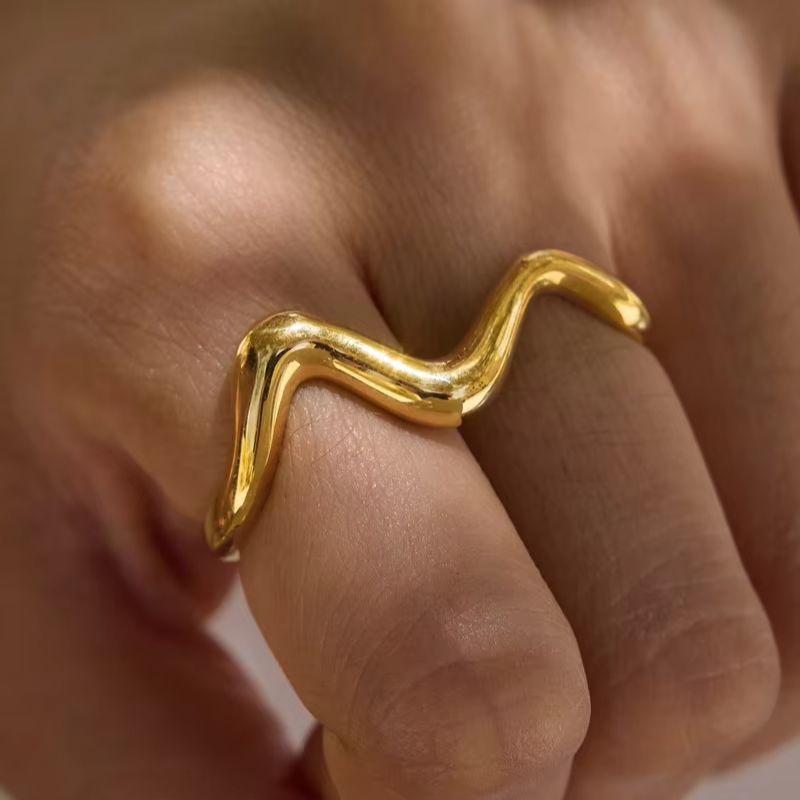 Uworld Classic Wave Shape Two Fingers Rings For Women Minimalist 18K Gold PVD Plated Stainless Steel Rings Fashion Jewelry Gift