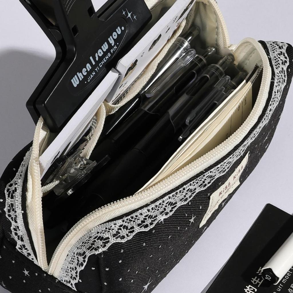 1pcs Lace Deco Lucky Star Cute Cat Pencil Case Simple Design Stationery Bag Pen Storage Pouch for Office & School Supplies