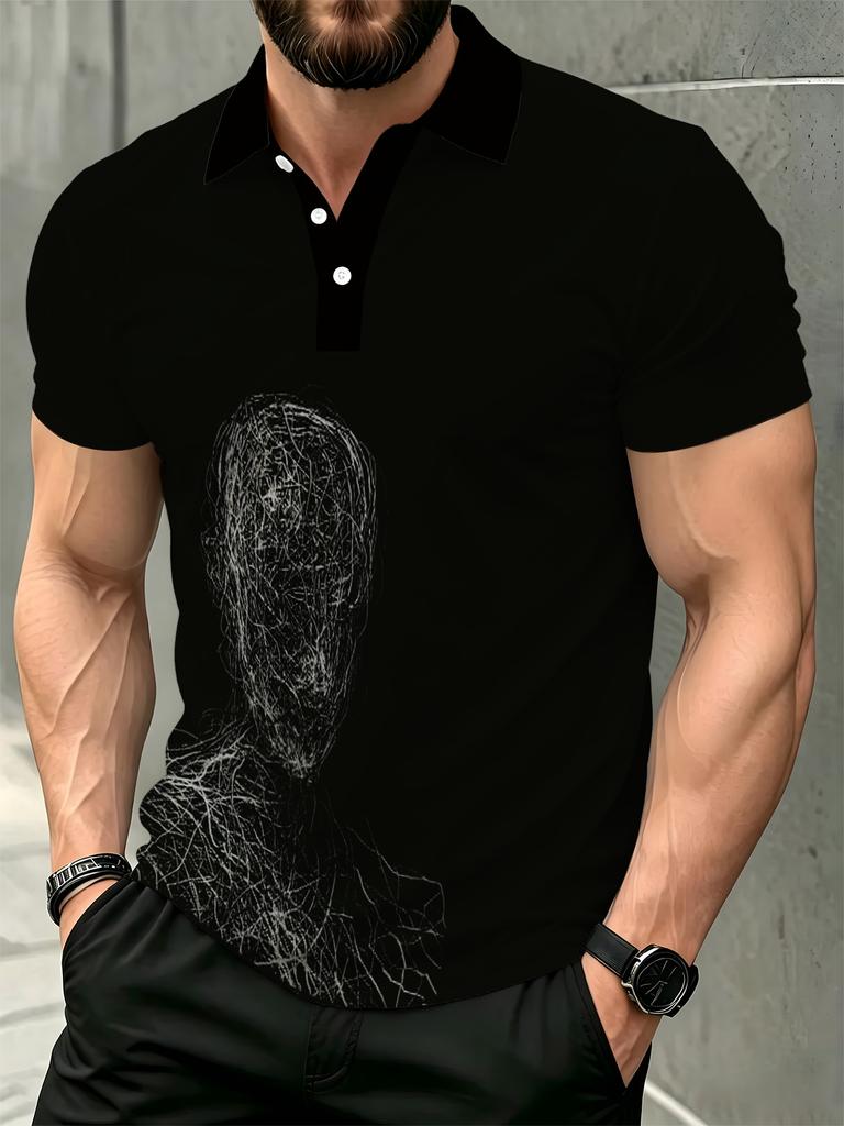 1pc Men'S Short Sleeve Polo Shirt, Multi-Size Available, Collar Button Design, Black Base Line Portrait Art Print, Casual Lapel Short Sleeve Top,