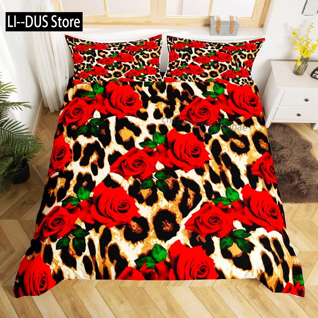 

Comforter Leopard Print Queen Size Red Floral Petal Pattern Comforter Branches Green Leaf Cheetah Print Comforter (quilt)-EU Single(135*200cm)3pcs
