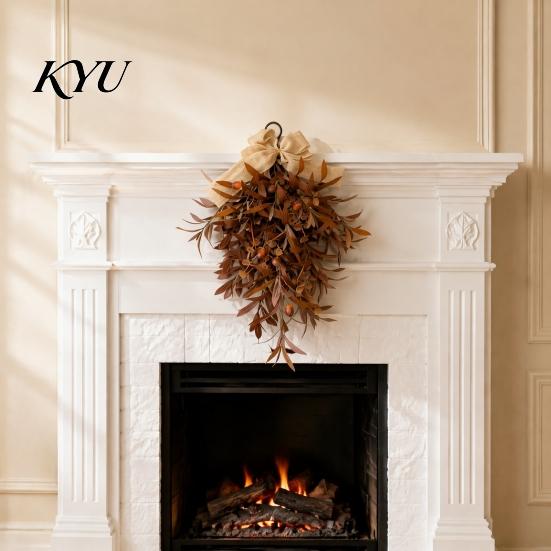 Country Style Fireplace Decoration Artificial Autumn Olive Leaf Wreath for Front Door, Retro Hanging Garland Harvest Festival Wall with Bow
