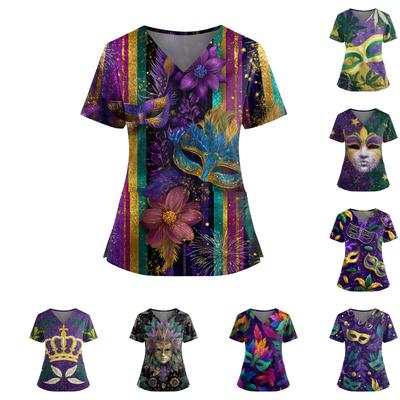 Women's Caregiver  Printed V-Neck Double Pocket Short Sleeves Hem Slit  Uniform Caregiver Top