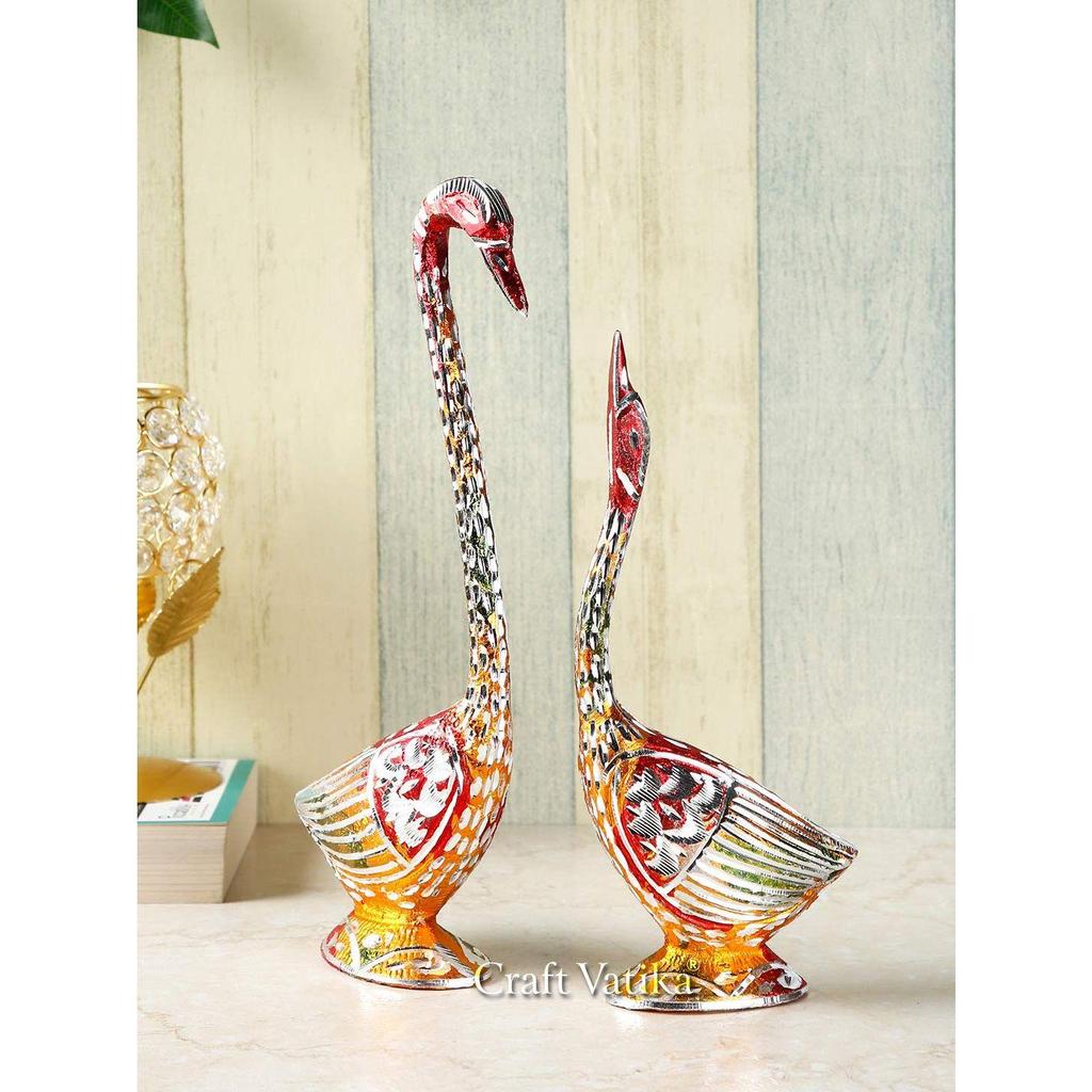 Kissing Duck Swan Love Couple Bird Statues Set | White Metal Swan Love Birds Pair (Male - Female) | Gift & Home Decor