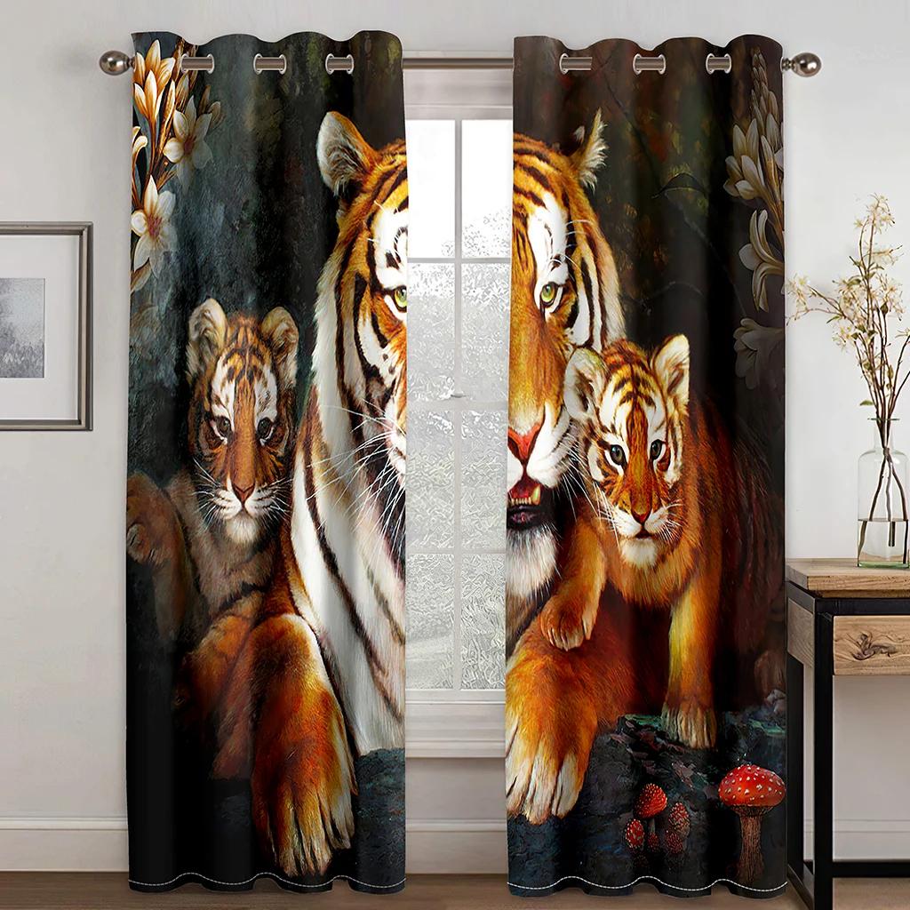 Blue Wolfs Animals Rose Leopard Two Drape Thick Window Curtains for Living Room Bedroom Decor Tiger Pattern High Shading Drape
