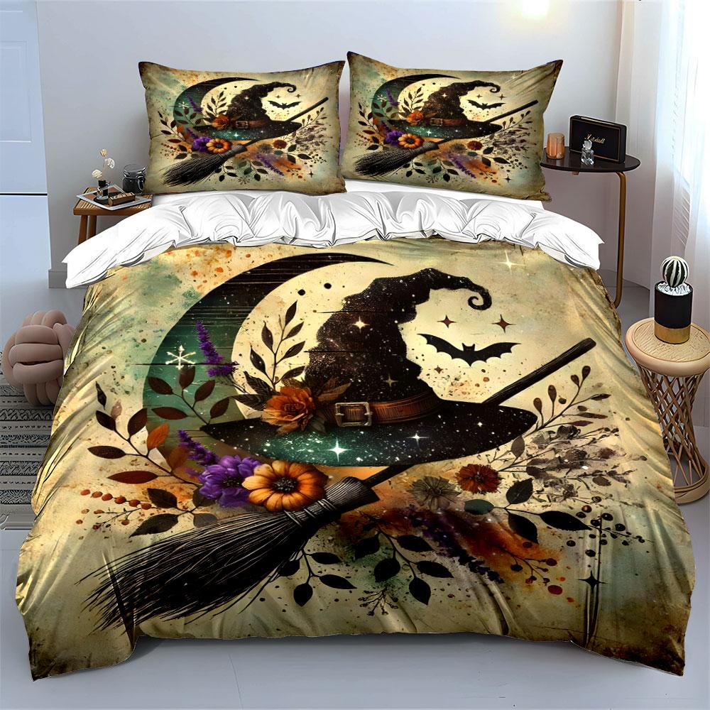 Witch'S Magical Hat, Moon, And Broom Exquisite Three-Piece Bedding Set Gift For Kids And Adults