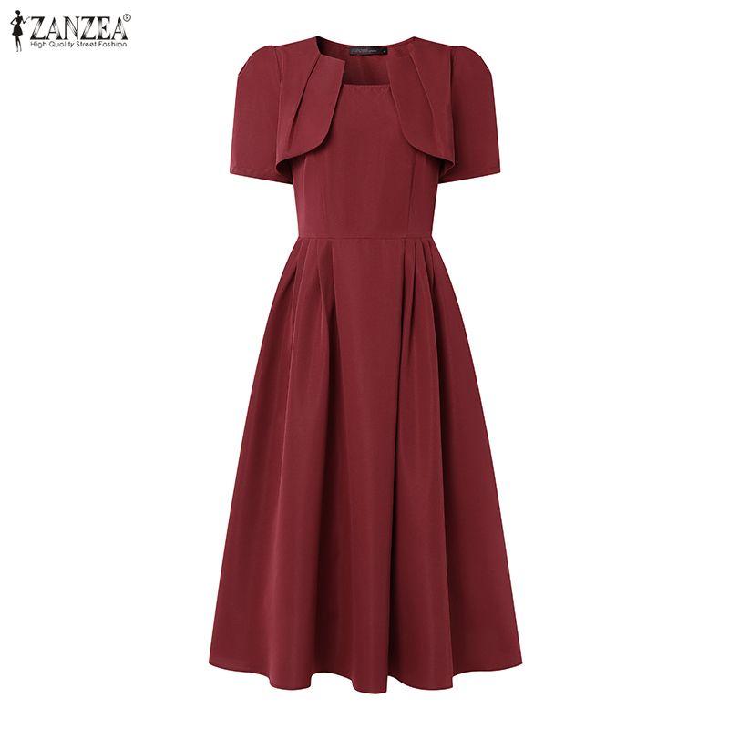 ZANZEA Women Elegant Casual Round Neck Short Sleeve A-line Dress