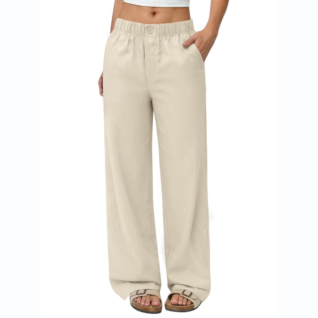 Women's Summer Casual Loose-Fit Flowy Linen Beach Pants With Pockets And Wide Legs