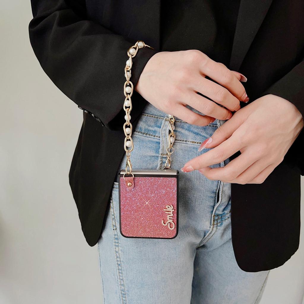 Colorful Diamond Bear Pearl Bracelet Folding Screen Protective Cover for Samsung Galaxy Flip 3/4.