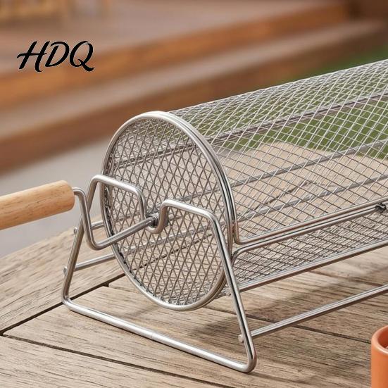 BBQ Rolling Basket Grill with Detachable Handle 360-degree Cage for 360 Degree Rotating Outdoor Camping Picnic Party Stainless Steel Mesh