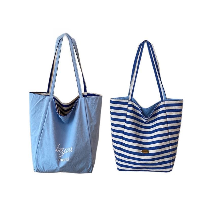 

Модные полосатые двусторонние холщовые женские сумки через плечо, повседневные, большой вместимости, женские сумки, летняя новая пляжная дорожная свободная ленивая большая сумка-тоут небесно-голубой
